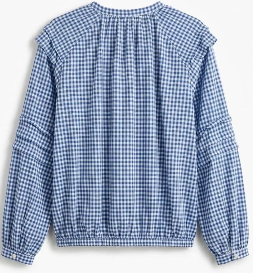 Caron Callahan womens medium cobalt blue gingham shirt tencel cotton peasant top - Picture 5 of 8